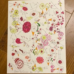 Unframed Original Art Cute Fun Drawing of Swirly Bids & 1 Hidden Chicken to Find